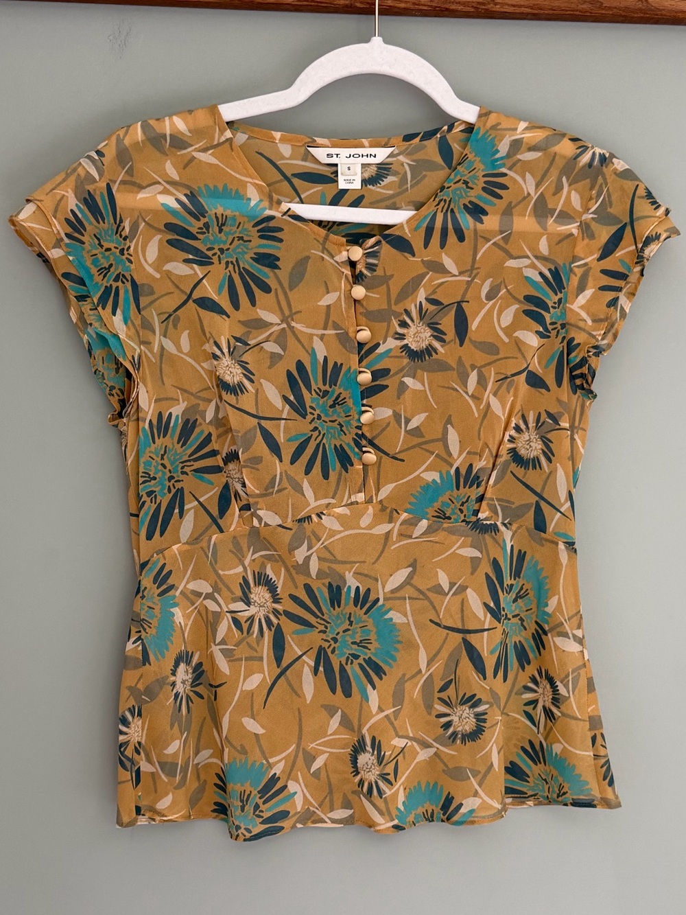St. John Silk Teal Golden Yellow Floral Collarless Cap Sleeve Sheer Blouse Top